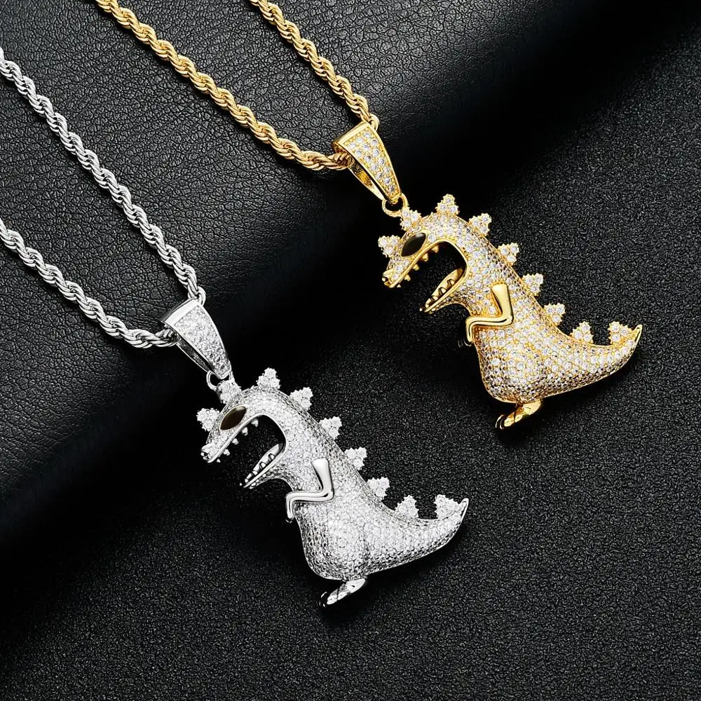 

Hip Hop Micro Paved AAA CZ Stone Bling Ice Out Cartoon Dinosaur Pendants Necklace for Men Rapper Jewelry Gold Silver
