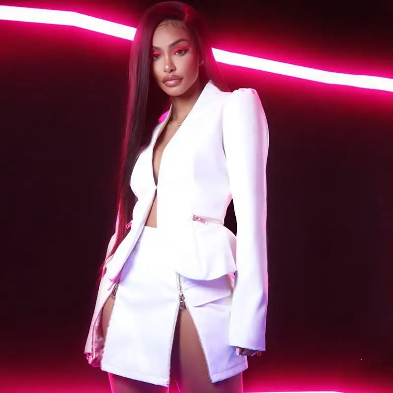 

Women Sexy Deep V-Neck Pu Two Pieces Set Solid Long Sleeve Bodycon Tops Mini Skirt Suits Faux Leather Set Clubwear