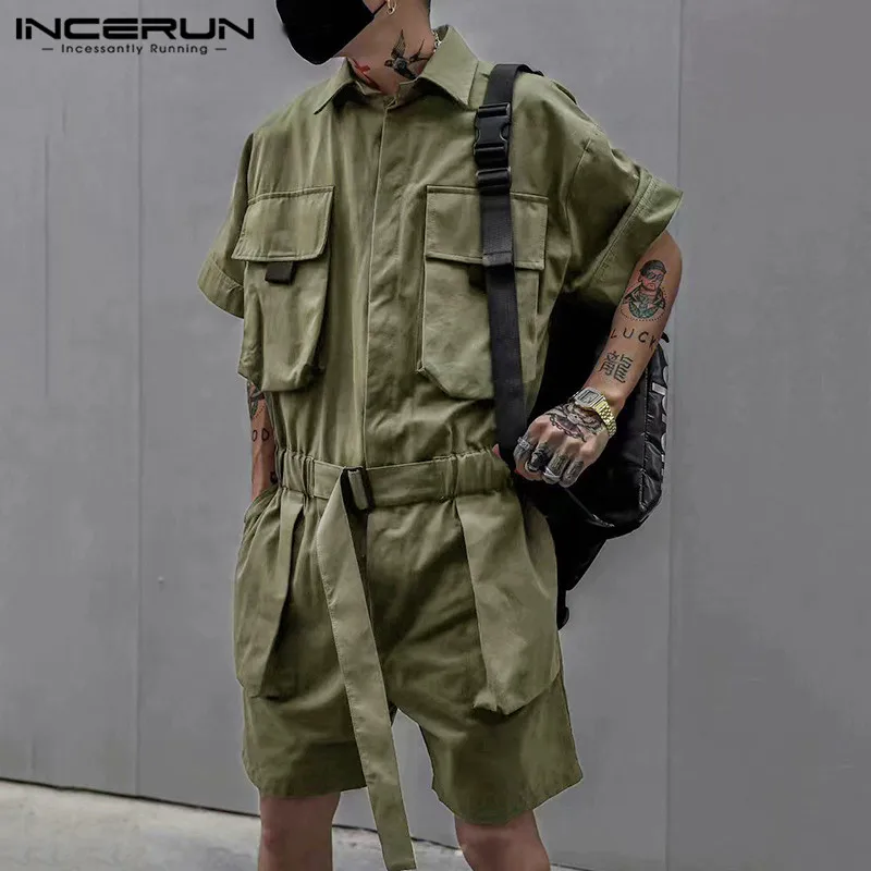 Jumpsuit Shorts Cargo-Overalls Multi-Pockets Streetwear INCERUN Rompers Fashion Loose
