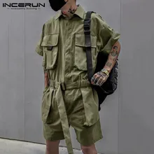 INCERUN Fashion Men Cargo Overalls Solid Color Chic 2021 Streetwear Rompers Short Sleeve Multi Pockets Shorts Loose Men Jumpsuit
