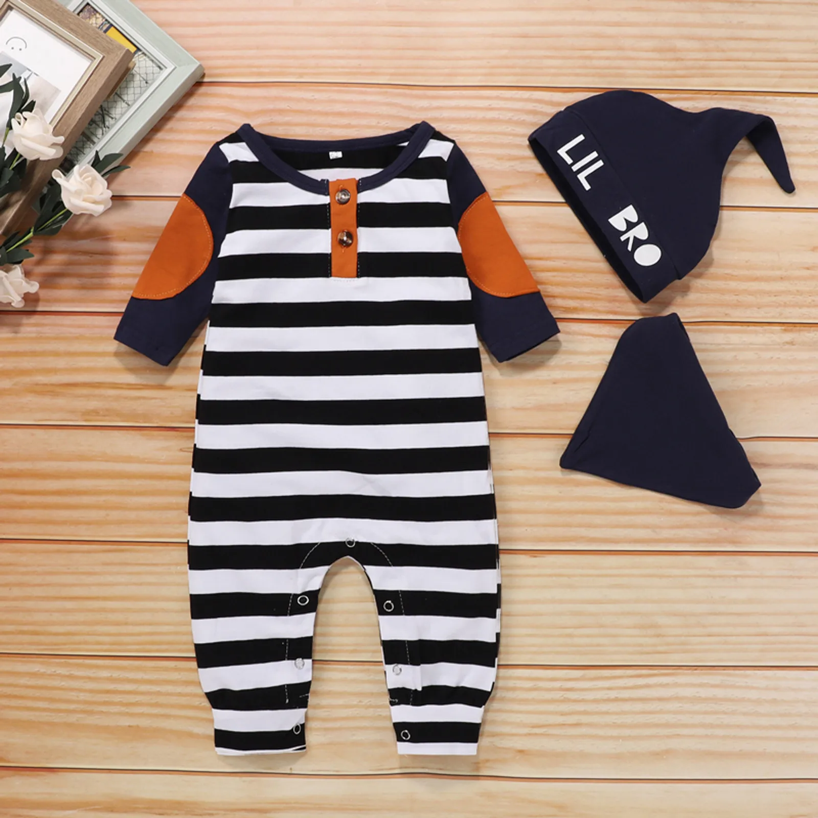 

0-12Months Autumn winter long sleeves Newborn Infant Baby Boys Girls Patch Striped Button Jumpsuit Romper+Hat+Bib Set fashion M5