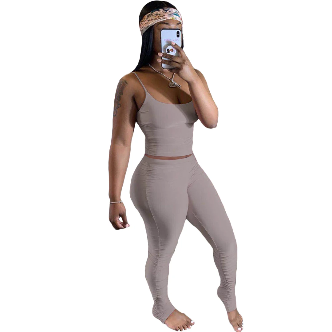 

2020 Women U-shaped Two Pieces Bodycon Outfit Solid Color Neck Spaghetti Strap Top Stacked Trousers Casual Style Clothes