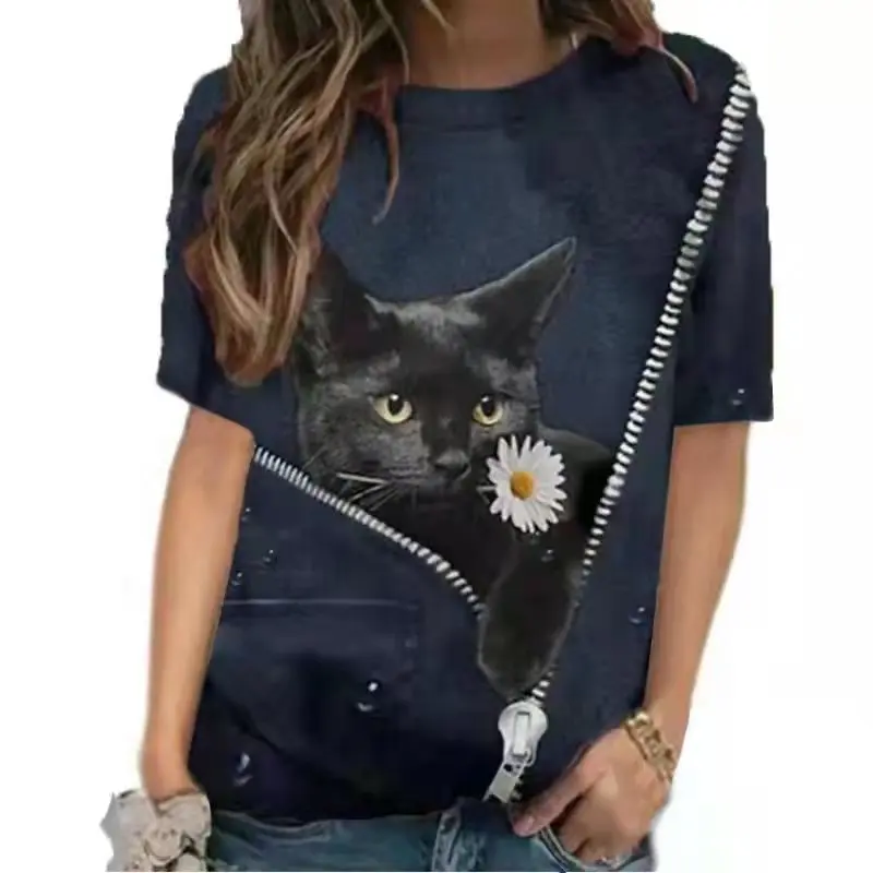 Hc625bc8047a349eeac9066984ed8bc1aD - Fashion Trendy Ladies 3D Cartoon Cat Print T Shirt Women