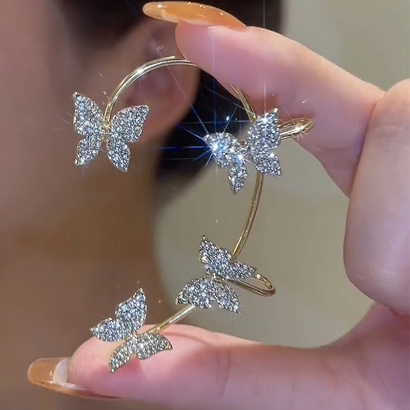 Silver Plated Metal Crystal Butterfly Ear Clips For Women Sparkling Zircon Ear Cuff Clip Earrings Wedding Girls Jewelry Gifts
