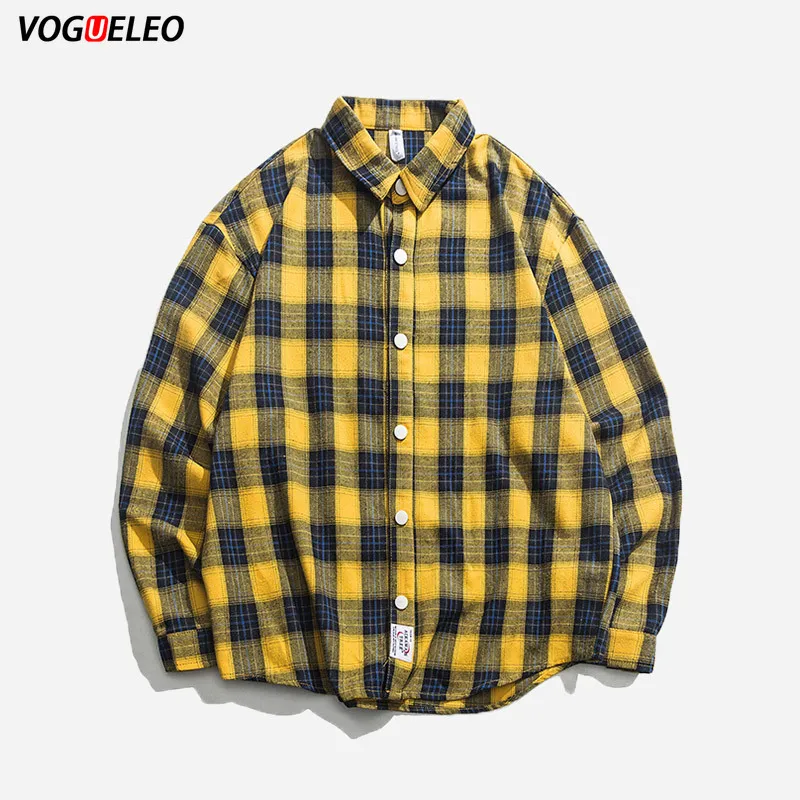 

VOGUELEO Pure Cotton Plaid Shirt Male Long Sleeve 2019 Autumn Casual Young Fashion Japanese Style Loose Shirts Streetwear
