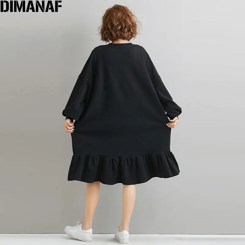 DIMANAF, женское платье размера плюс, Осеннее, Vestidos, модное, с оборками, из хлопка, свободное, женское, с длинным рукавом, платье