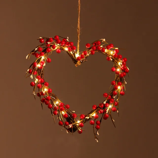 Valentines Day Decor 16 Inch Garland//Wreath with Lights,Heart-Shaped Valentines Day Decor Indoor Home Outdoor Party Gift,Garland with LED Battery Lights