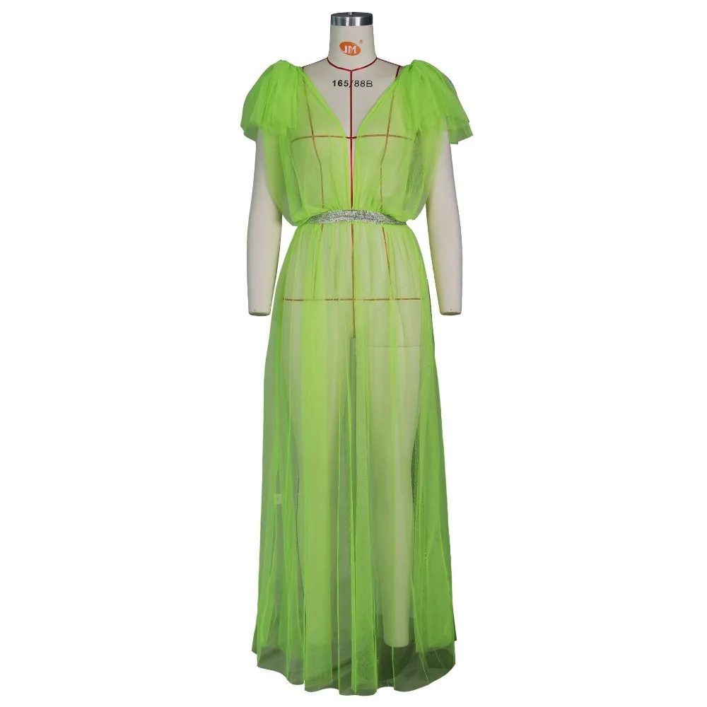 summer women mesh transparent deep v-neck high waist maxi dress sexy nigth club party flare sleeve long dresses vestidos