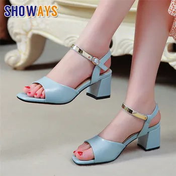 

Fashion Pink Women Sandals White Blue PU 5.5cm High Block Heels Casual Party Office Lady Open Toe Metal Ankle Strap Summer Shoes