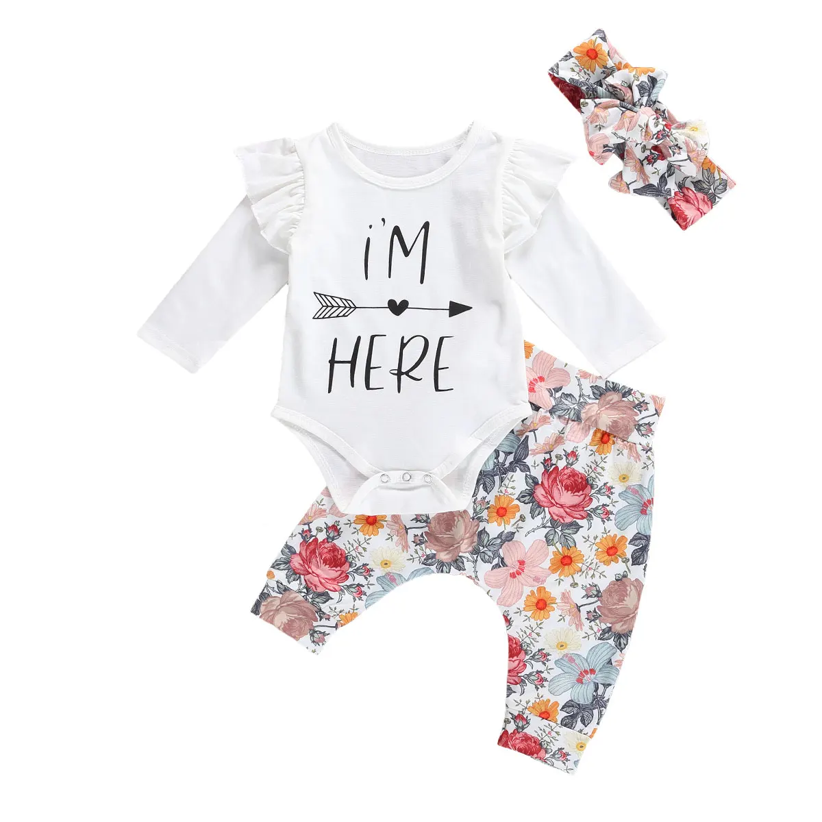 

0-24M 3Pcs Autumn Baby Girls Suit Clothes, Classical Letter Print Round Neck Long Sleeve Baby Romper+ Floral Trousers + Headband
