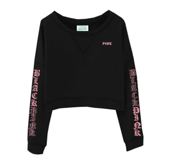 Новое поступление, kpop, черный/розовый, очень тонкий свитшот с принтом для девочек, женская мода, укороченный пуловер с круглым вырезом, толстовки