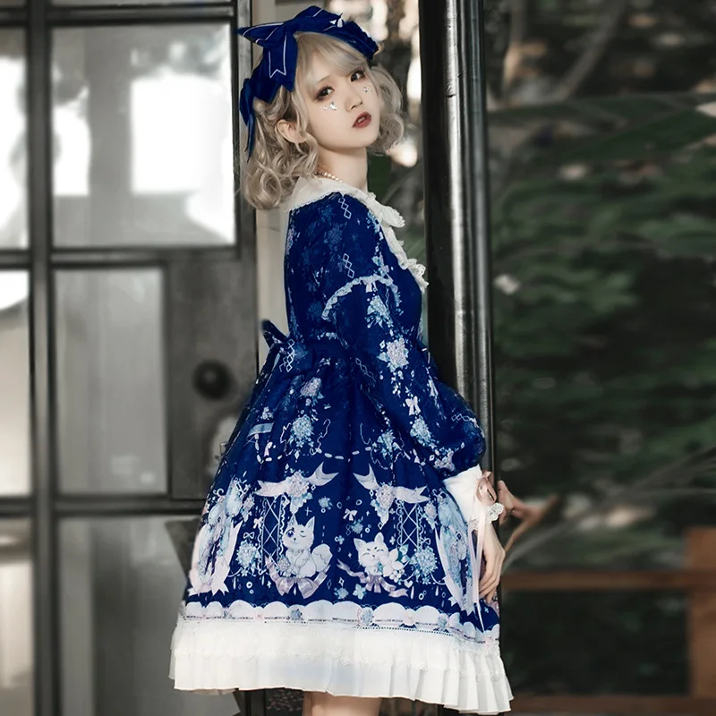 Гортензия и котенок~ Винтаж печатных с длинным рукавом Лолита платье высокой талией вечерние платья