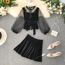 Женский бархатный черный комплект, сетчатая Лоскутная рубашка с пышными рукавами и юбка с высокой талией, комплект из двух предметов, Женская сексуальная одежда для вечеринки