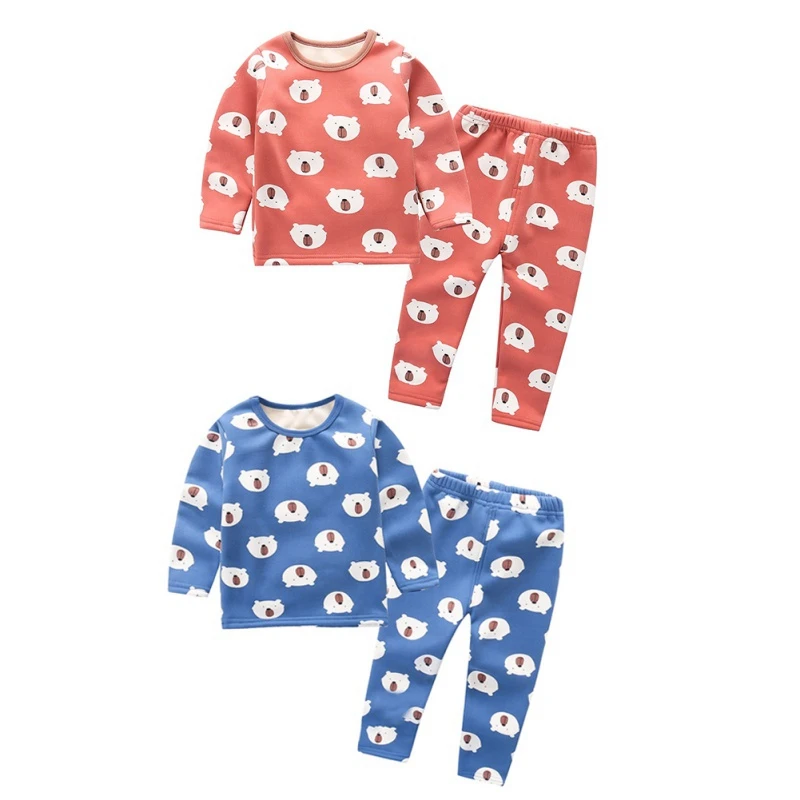 

Autumn Winter Casual Children Cartoon Printing Long Sleeve Plus Velvet Pajamas Kids Two-piece Outfit Set