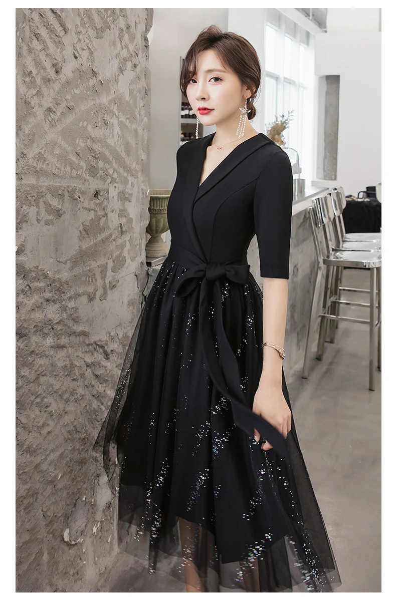 YIGELILA женское модное черное платье до середины икры Сетчатое платье с пайетками платье с коротким рукавом однотонное Приталенное Платье Ампир 65118