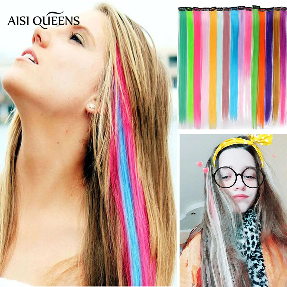 

AISI QUEENS Long Straight Clip In One Piece Hair Extensions 20 Inch Synthetic Two Tone Fake Hair for Women Girls Rainbow Color