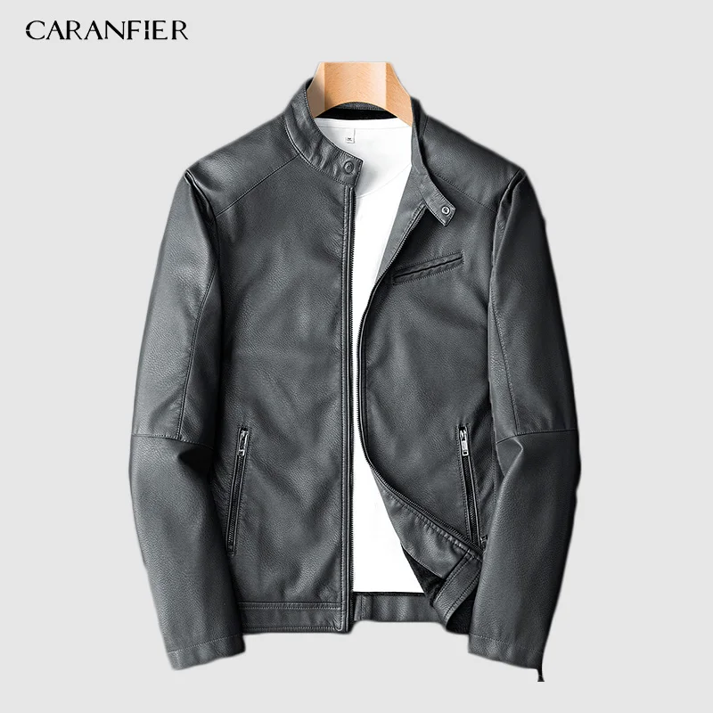 Серый CARANFIER искусственная кожа для мужчин s PU куртки модное Зимнее Пальто мотоциклетная байкерская куртка мужская Толстая бархатная куртка - Цвет: Серый