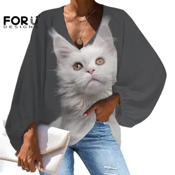 FORUDESIGNS-Blusa de manga larga con estampado de gato para mujer, camisa con estampado de gato, gris y blanco, ropa de talla grande para embarazada