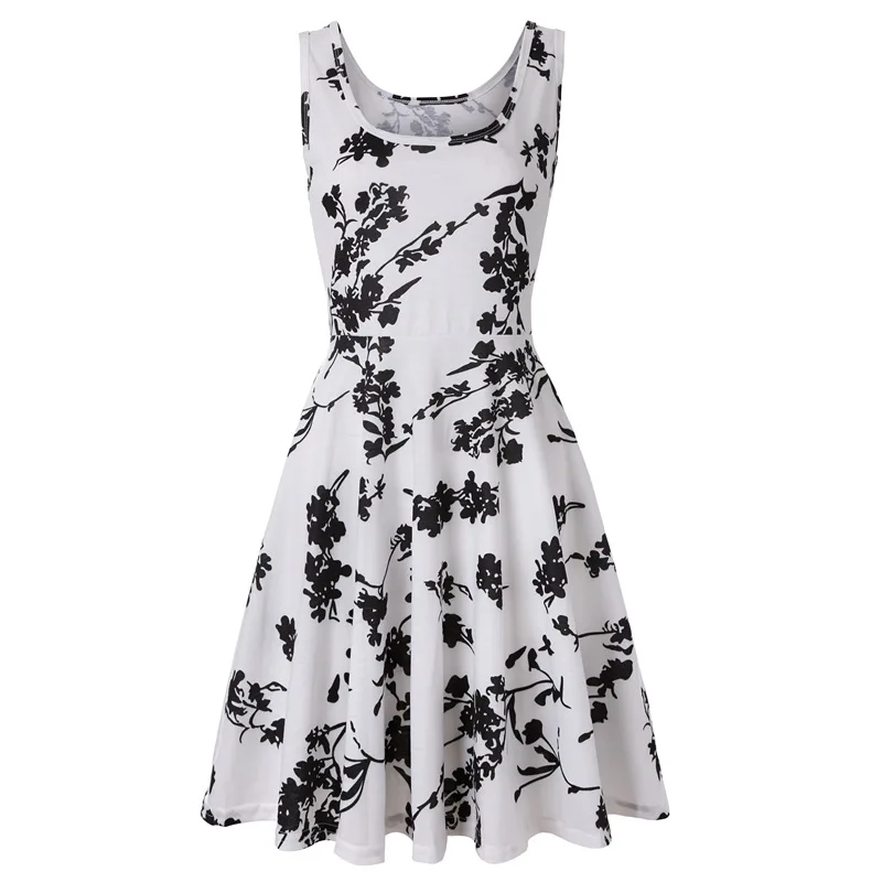 Plus Size Women Sleeveless O-Neck Print Dress Casual Sweet Vintage Floral A-Line Party Dress Summer Beach Dress Vestidos