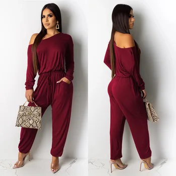 

2019 Autumn Hot Women's Jumpsuit European and American Fashion Loose Solid Color Strapless Bodysuit Red Rompers Womens Jumpsuit