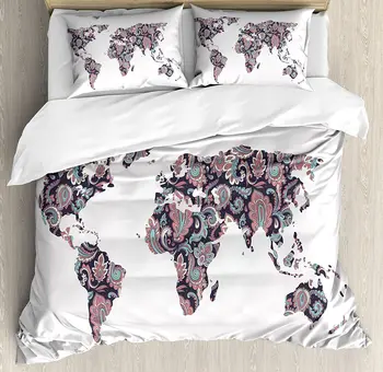 

Floral World Map Duvet Cover Set Paisley Leaves Ornamental Eastern Style Old Fashioned Design Bedding Set Plum Coral Turquoise