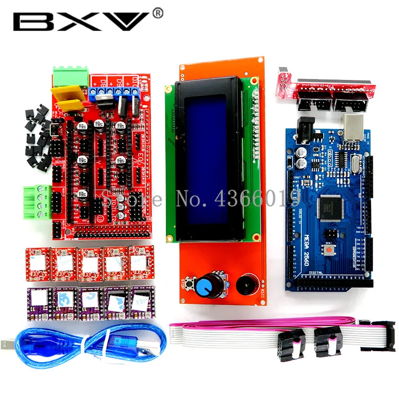 Mega 2560 R3 CH340+ 1 шт. RAMPS 1,4 контроллер+ 5 шт. A4988 DRV8825 модуль шагового драйвера+ 1 шт. 2004 контроллер для 3d принтера комплект