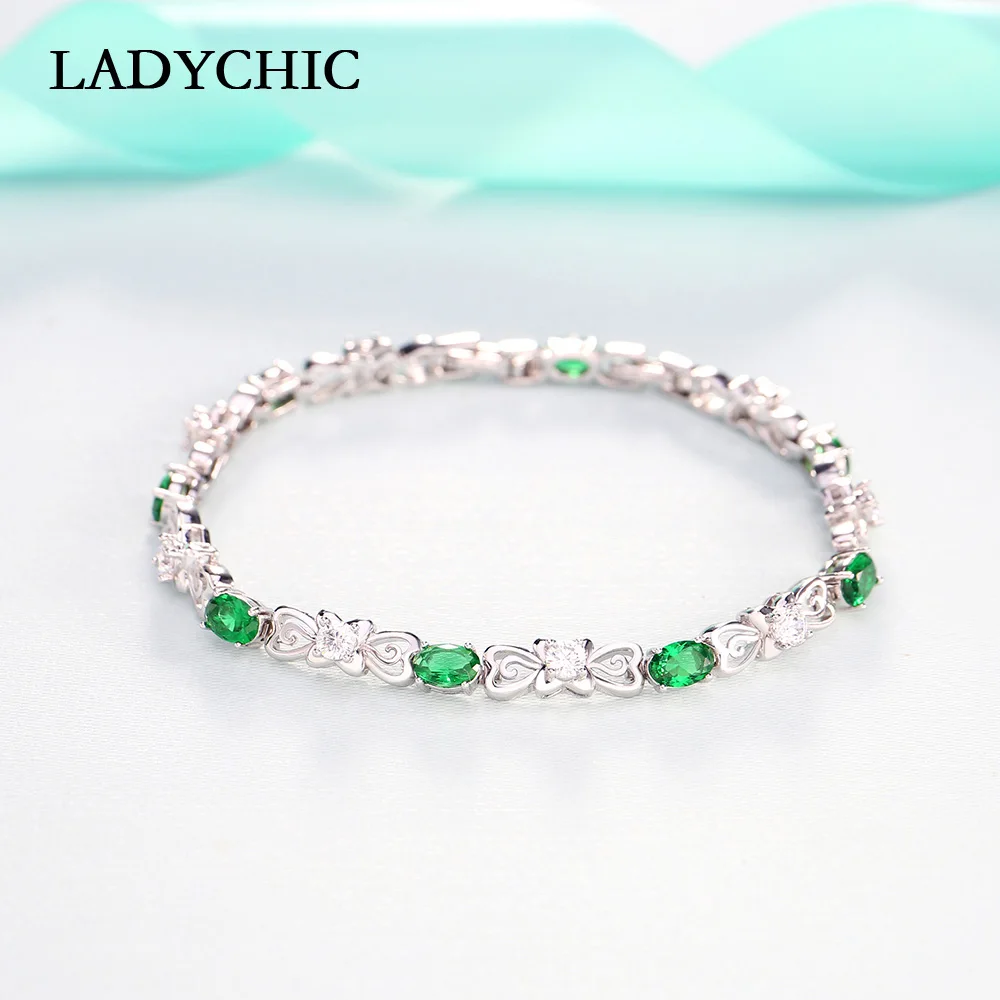 LADYCHIC модный хрустальный браслет с бантами и браслет для женщин блестящий зеленый цирконий серебряный браслет ювелирные изделия аксессуары LB1009