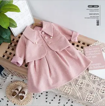

Baby Girls Boutique Sets Toddler Girls School Two Piece Outfits Plaid Pearl Jacket With Sleeveless Dress Children Clothes
