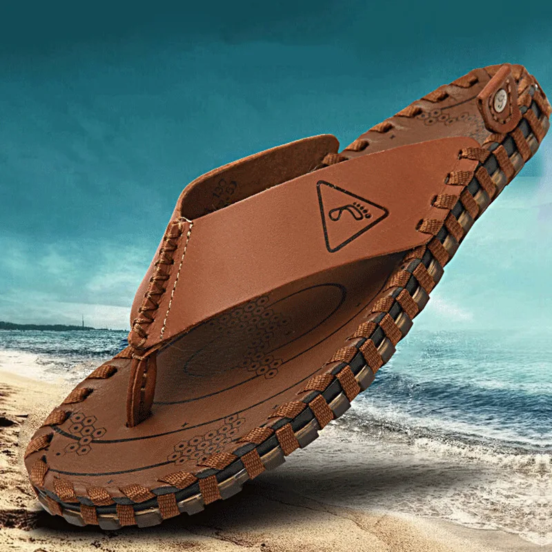 

2019 Trend MEN'S Flip Flops Summer New Style Natural Leather British Style Sandals Casual Sandals Flip-flop Anti-slip