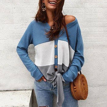 

Knitted New Button V-Neck Sweater Women Lace-up Spring Autumn Contrast Color Knitted Pullover Women Slim Soft Sweater Female Top