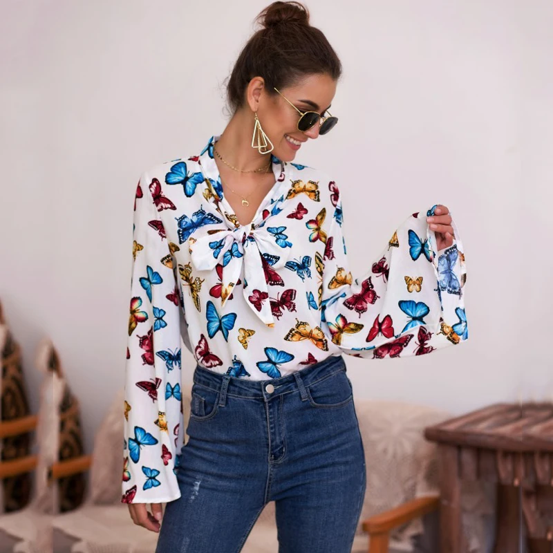  Lossky Autumn Shirts Top Long Sleeve Printed Office Wear Women Clothing New White Slim Bow Blouse E