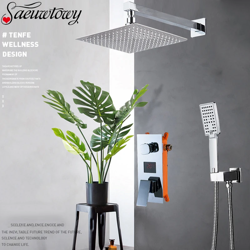 8/10/12/16inch Chrome Bathroom Temperature Display Led Shower Faucet Set Rain Tap TWO-Ways Silent Faucett Torneira do banheiro |