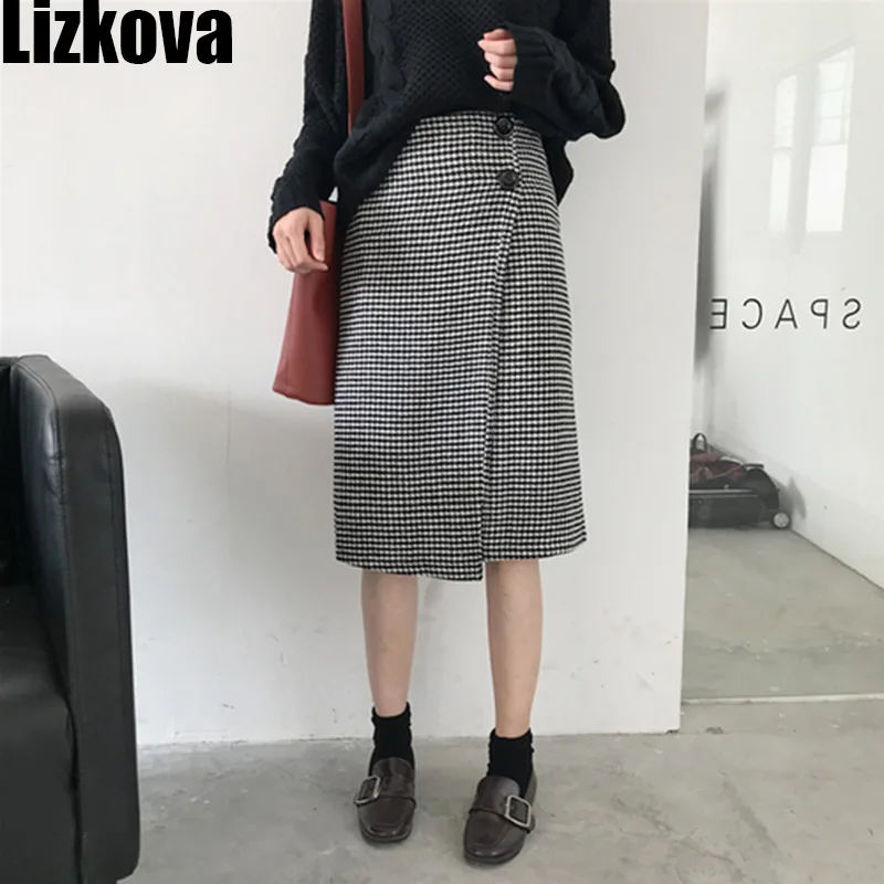 

Fall Women Plaid Woolen Skirt High Waist A-Line Package Hip Skirt Crossover Design Skirt