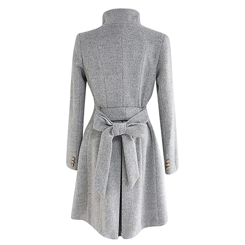 Шерстяное пальто для женщин, модное пальто с отворотом, пуговицами, поясом, тонкое длинное пальто, ветровка с карманом, Осень-зима, теплая Длинная шерстяная верхняя одежда 5