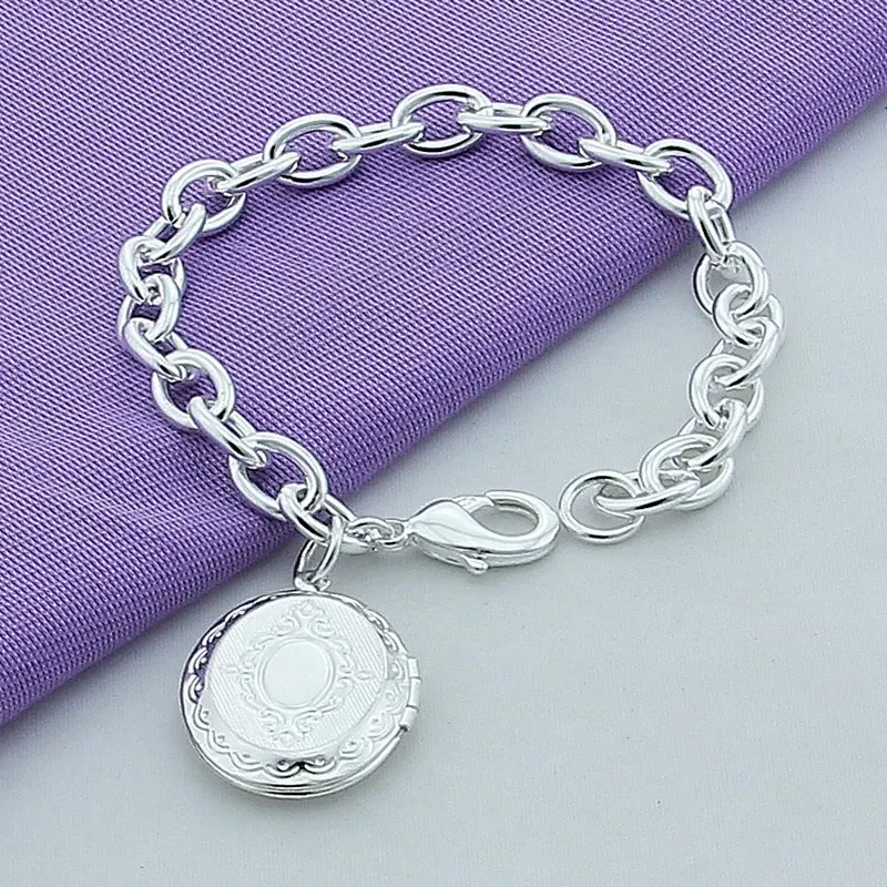 Новинка классический браслет цепочка 925 серебряные ювелирные изделия круглый узор фоторамка браслет для женщин мужчин лучшие подарки
