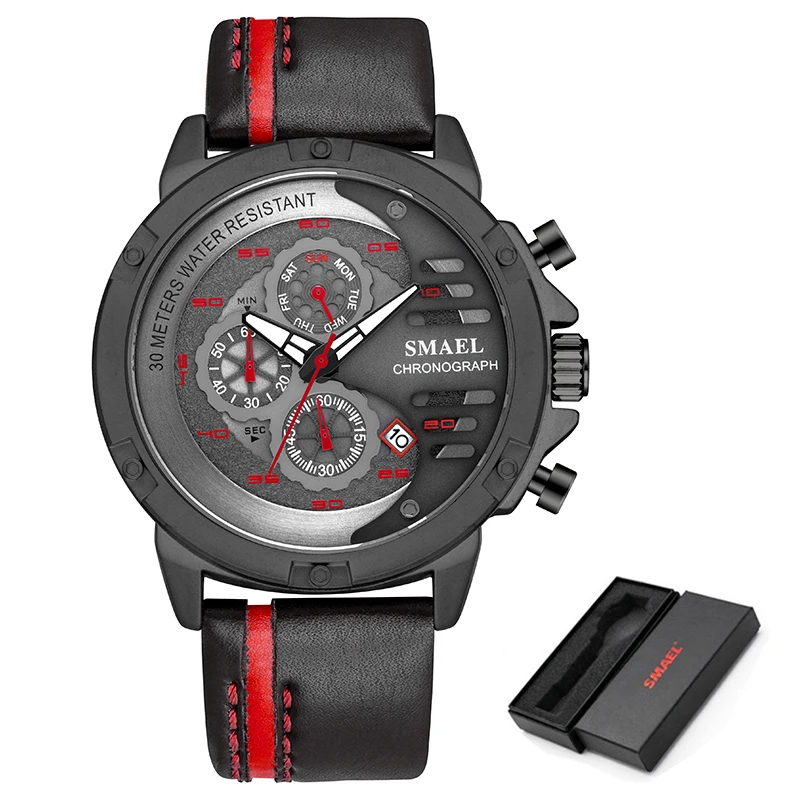 Black Red SMAEL мужские спортивные часы модные водонепроницаемые кварцевые часы с датой мужские кожаные военные наручные часы хронограф relogio masculino - Цвет: Black Red