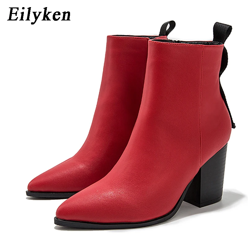 EilyKen/осенне-зимние ботильоны из мягкой кожи; женские ботинки с острым носком на толстом каблуке; модные ботинки на молнии; женская обувь; размер 43 - Цвет: Red