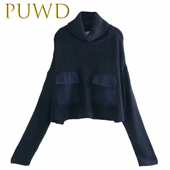 

PUWD 2019 Autumn and Winter New Women's Wear Black Pocket Decoration High-collar Knitted Sweater Long Sleeve College