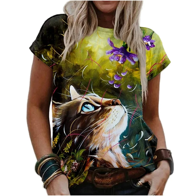 Summer Fashion Women's T-shirt Digital 3D Printing Short Sleeve T-shirt Cute Cat Round Neck Top Loose and Comfortable cute summer crop tops Tees