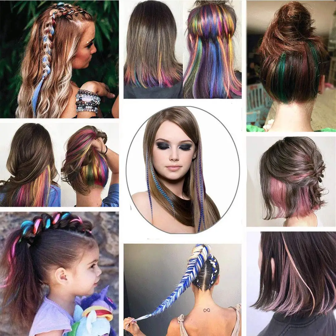 Feather  hair Colored Strands of Hair Extension False Rainbow Overhead Fake Coloring feather for Hair Synthetic