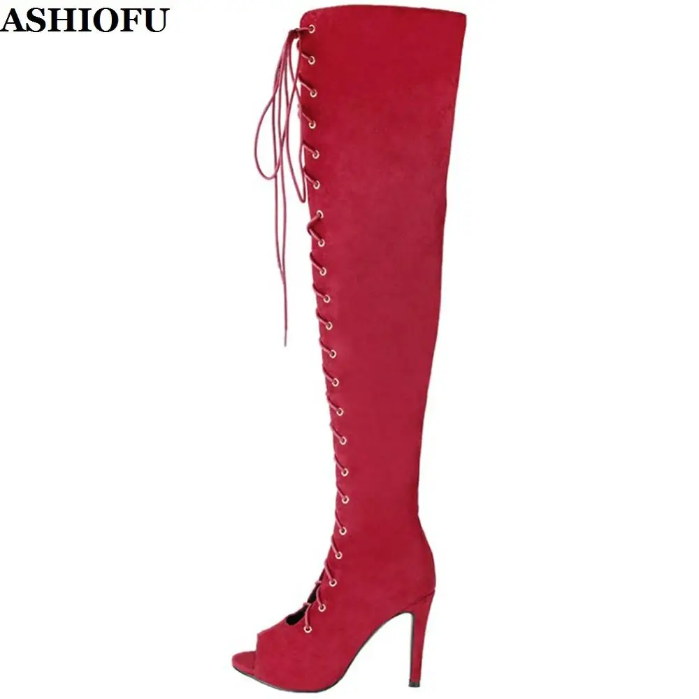 

ASHIOFU Handmade New Ladies High Heel Boots Cross-straps Autumn Over Knee Boots Party Prom Club Evening Fashion Thigh High Boots