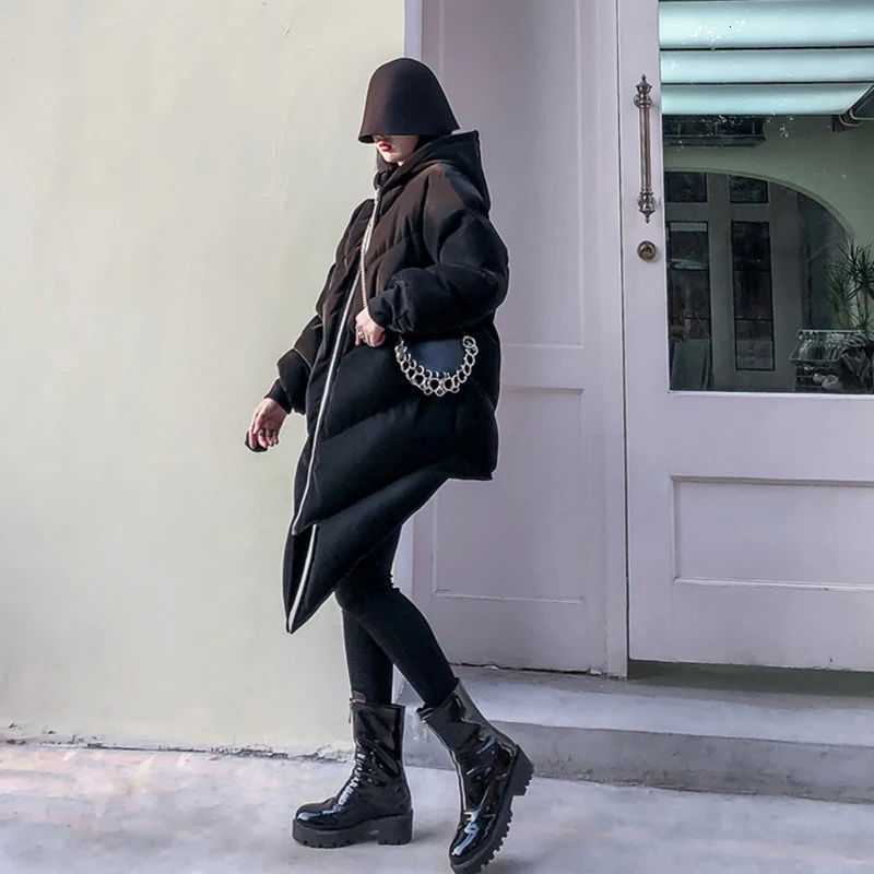 [DEAT] Loose Fit Irregular Overisize Warm Woolen Coat Parkas New Hooded Long Sleeve Women Fashion Autumn Winter 19L-a74