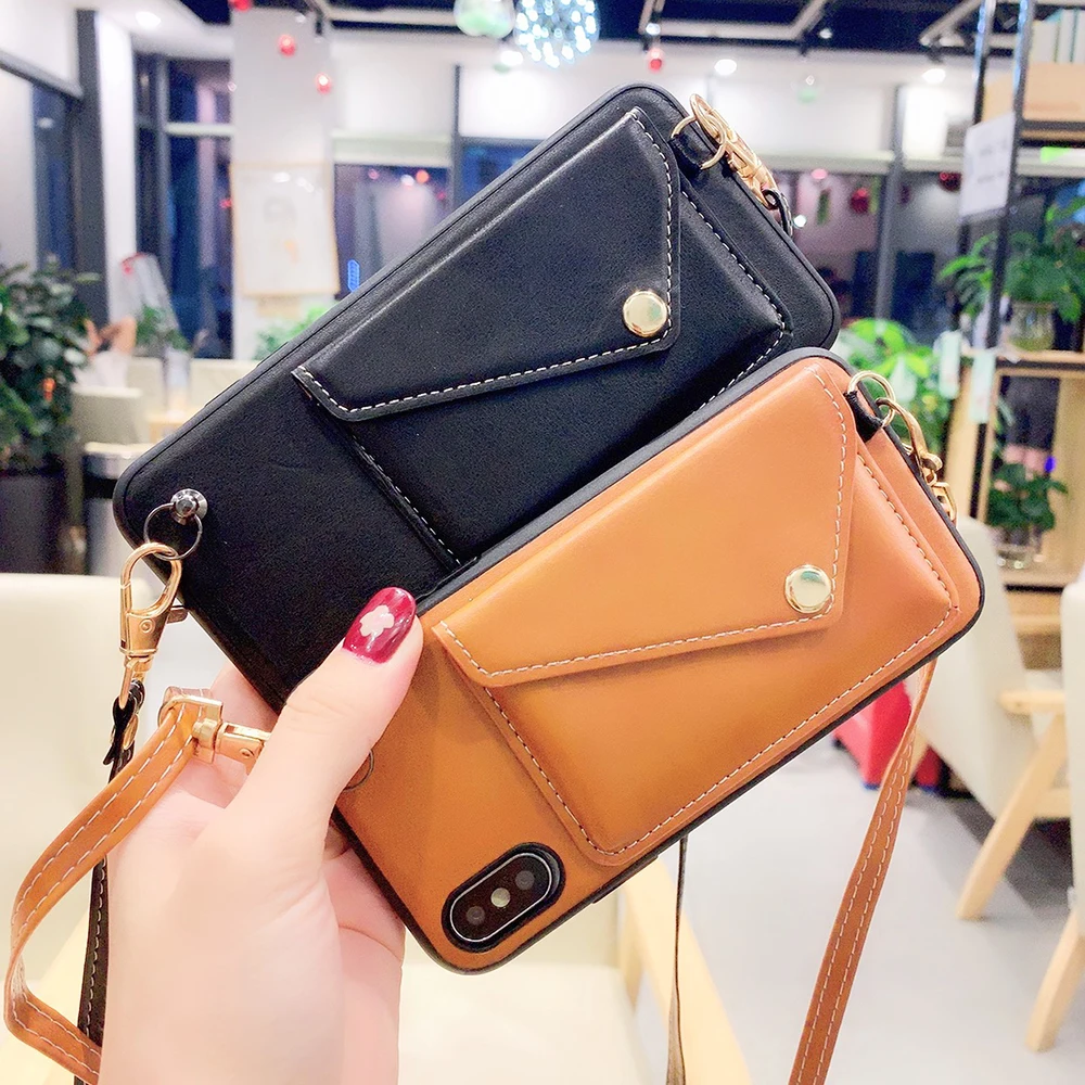 

Haissky Fashion PU Leather Cover for iPhone Xs Max XR X Flip Hidden Wallet Card Case for iPhone 6 7 8 Plus Back Case With Strap
