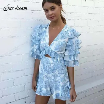 

2020 Summer New Women'S Sexy V-Neck Holiday Backless Ruffled Print Playsuit Beach Blue Jumpsuit Bodycon Club Party Jumpsuit