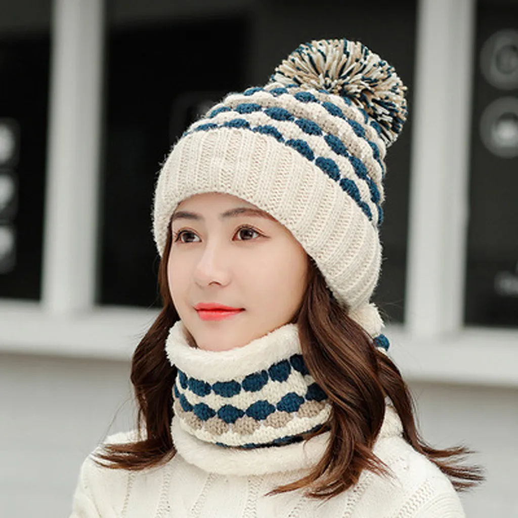 A Модная шапка с помпоном для женщин Skullies Beanies зимняя вязаная шапка с шариковым воротником комплект толстой теплой однотонной теплой зимне наушники шапка для девочек - Цвет: A