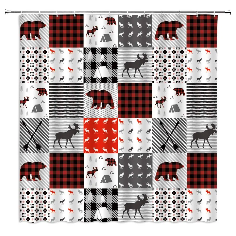 

Plaid Shower Curtain Christmas Red Black Grid Geometric Splicing Moose Bear Safari Hunting Wild Animal Fabric Bathroom Decor Set