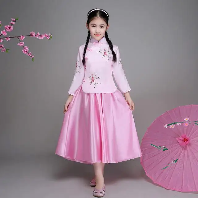 Изысканная вышивка для девочек; Cheongsam; Винтажный Длинный Воротник-стойка; Qipao; vestidos; элегантный длинный костюм в стиле Тан; костюм - Цвет: Pink