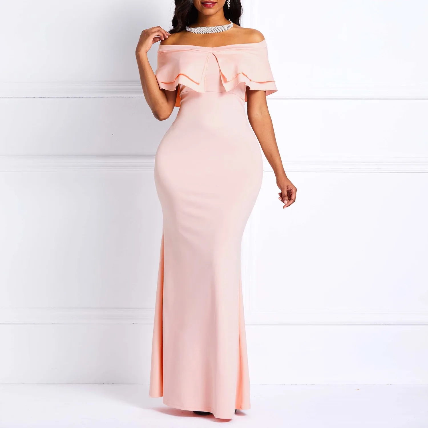 

Sexy Off Shoulder Mermaid Dress Women High Waist Ruffles Slash Neck Prom Evening Floor Length Pink Sweet Elegant Bodycon Dresses