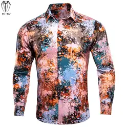 Oi tie novidade seda camisas dos homens manga longa impressão multi pintura camisa masculina magro para lazer masculino casual jacquard festa de casamento
