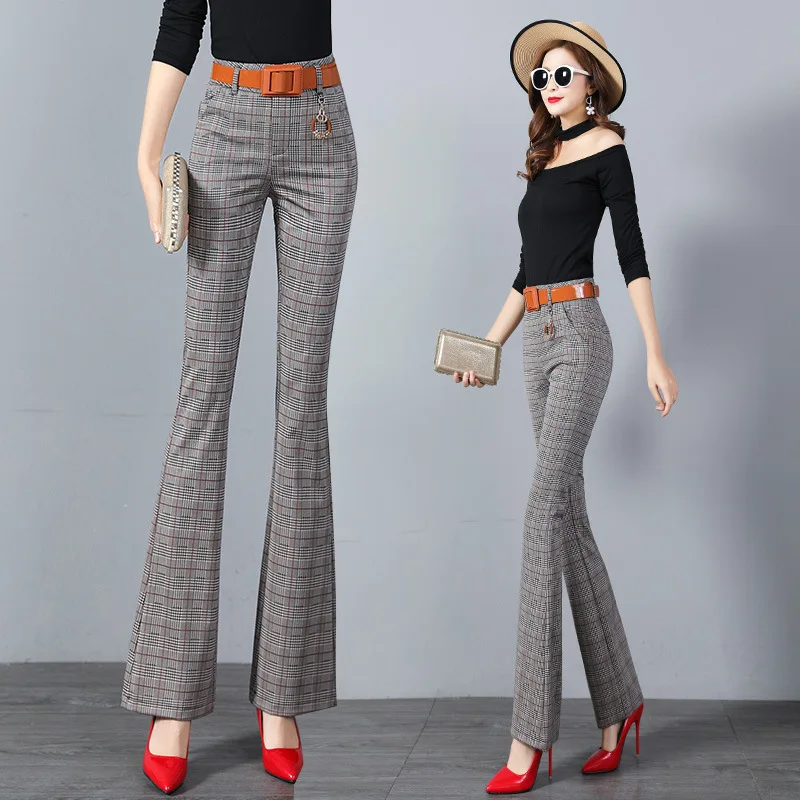 

Flare pants female spring and autumn new fashion plaid pants high waist wild thin plaid office ladies micro horn long pants